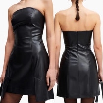 Sexy Strapless High-low Hemline Artificial Leather PU Dress