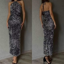 Sexy Bling-bling Sequined Halterneck Backless Bodycon Party Dress