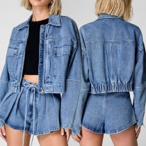 Fashion Old-washed Denim Two-piece Set Consist of Crop Jacket and Drawstring Shorts