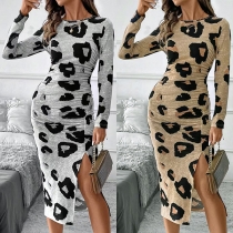 Sexy Leopard Printed Crew Neck Long Sleeve Side Slit Ruched Bodycon Dress