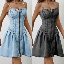 Street Fashion Sweetheart Neckline Front Zipper Cinch Waist Self-tie Shoulder Strap Old-washed Denim Dress