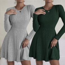 Fashion Crew Neck Long Sleeve High-rise Ribbed Mini Dress