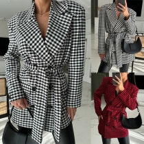 Fashion Houndstooth Printed Notch Lapel Double-breasted Self-tie Blazer