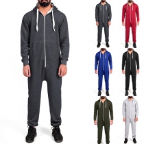 Comfy Drawstring Hooded Long Sleeve Front Zipper Jumpsuit for Men