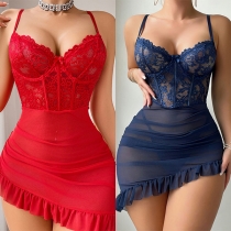 Sexy Sweetheart Neckline Ruffle Irregular Hemline Lace Spliced Gauze Semi-through Nightwear Slip Dress