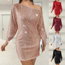 Sexy Slant Shoulder Long Sleeve Sequined Party Dress
