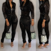 Sexy Bling-bling Sequined Half-zipper Long Sleeve Slim-fit Jumpsuit with Belt