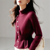 Elegant Crew Neck Long Sleeve Slant Button Cinch Waist Knitted Sweater