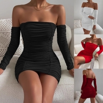 Sexy Off-the-shoulder Long Sleeve Ruched Bodycon Dress