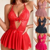 Sexy Lace Spliced V-neck Front Cutout Backless Ruffle Tutu Lingerie Bodysuit