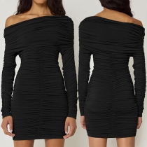 Sexy Slant Shoulder Long Sleeve Ruched Bodycon Dress