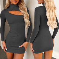 Sexy Mock Neck Long Sleeve Front Cutout Bodycon Dress