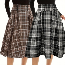 Vintage Double-breasted Plaid Skirt