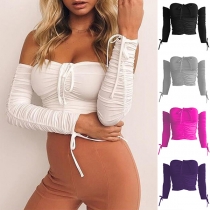 Sexy Strapless Drawstring Ruched Long Sleeve Crop Top
