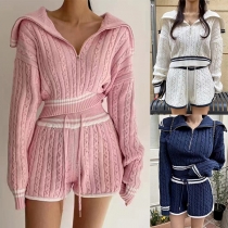 Fashion Knitted Two-piece Set Consist of Crop Sweater and Drawstring Shorts