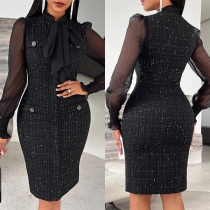 Sexy Gauze Spliced Long Sleeve Self-tie Neckline Double-breasted Bodycon Dress