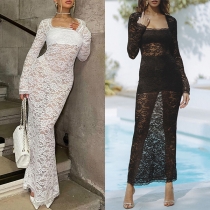 Sexy Square Neck Long Sleeve Semi-through Lace Bodycon Dress