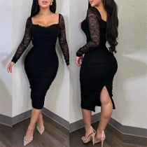 Sexy V-neck Lace Spliced Long Sleeve Back Slit Ruched Bodycon Dress