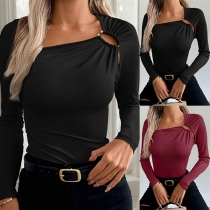Sexy Irregular Neckline Bead Cut Out Long Sleeve Shirt