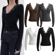 Fashion Ruched V-neck Long Sleeve Lace Shirt