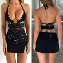 Sexy Hollow Out Halter Neck V-neck Backless Self-tie Bodycon Dress