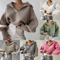 Fashion Lapel V-neck Long Sleeve Loose Knitted Sweater