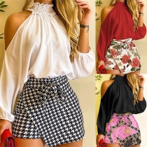 Fashion Two-piece Set Consist of Open-shoulder Shirt and Irregular Hemline Wrap Skorts