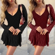 Sexy Solid Color V-neck Long Sleeve Lace Dress