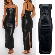 Sexy Square Neck Back Slit Artificial Leather PU Bodycon Midi Dress