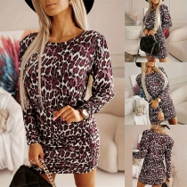 Fashion Leopard Print Crew Neck Long Sleeve Bodycon Dress