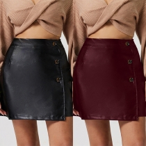Fashion High-rise Side Button Artificial Leather PU Skirt
