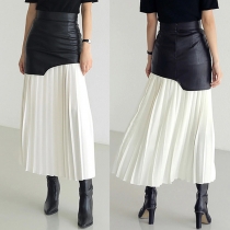 Fashion Contrast Color Pleated Spliced Artificial Leather PU Skirt