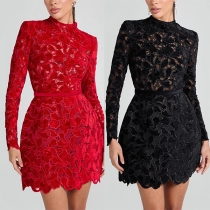 Fashion Crew Neck Long Sleeve Lace Dress