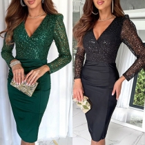Fashion Sequined V-neck Puff Long Sleeve High-rise Bodycon Dress