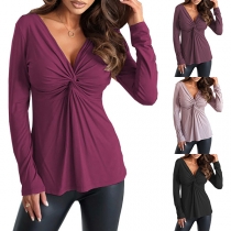 Fashion Ruched V-neck Long Sleeve Shirt