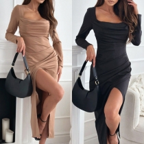 Sexy Ruched Square Neck Long Sleeve Slit Midi Dress