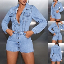 Fashion Stand Collar Long Sleeve Front Button Frayed Hemline Old-washed Denim Romper