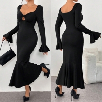 Fashion Front Cutout Long Sleeve Ruffle Bodycon Maxi Dress