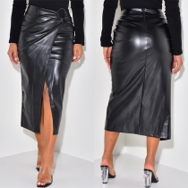 Fashion O-ring Ruched Slit Artificial Leather PU Skirt