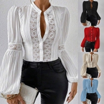Fashion Lace Spliced Pleated Lantern Long Sleeve Front Button Blouse