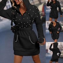 Fashion Bead Half-zip V-neck Long Sleeve Elastic Waist Drawstring Hooded Sweatdress