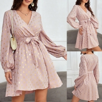 Fashion Gold Polka-dot Printed V-neck Long Sleeve Self-tie Mini Dress