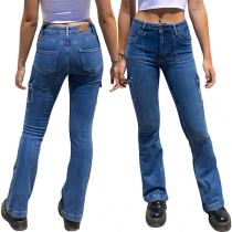 Fashion High-rise Side Patch Pockets Old-washed Skinny Jeans