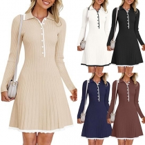 Fashion Stand Collar Button Long Sleeve Pleated Sweater Dress