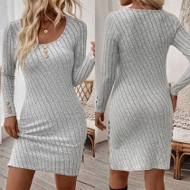 Fashion Button Crew Neck Long Sleeve Ribbed Dress