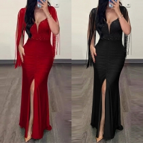 Fashion Sequin V-neck Tassel Front Slit Maxi Party Dress