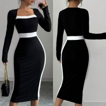 Fashion Contrast Color Square Neck Long Sleeve Bodycon Dress