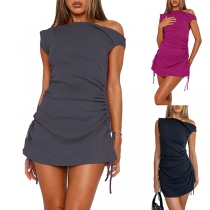 Fashion Slant Shoulder Sleeveless Side Drawstring Bodycon Dress