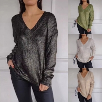 Fashion Bright Color V-neck Long Sleeve Knitted Sweater