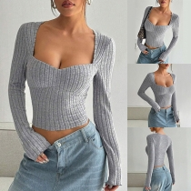 Fashion Square Neck Long Sleeve Ribbed Crop Top